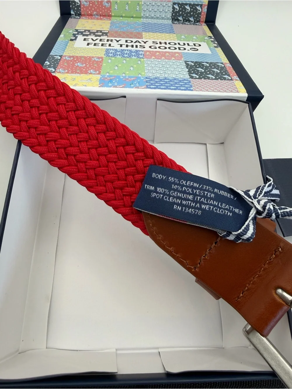 Mens Vineyard Vines Stretch Braided Belt, Red w Brown Leather, Size Large, NIB